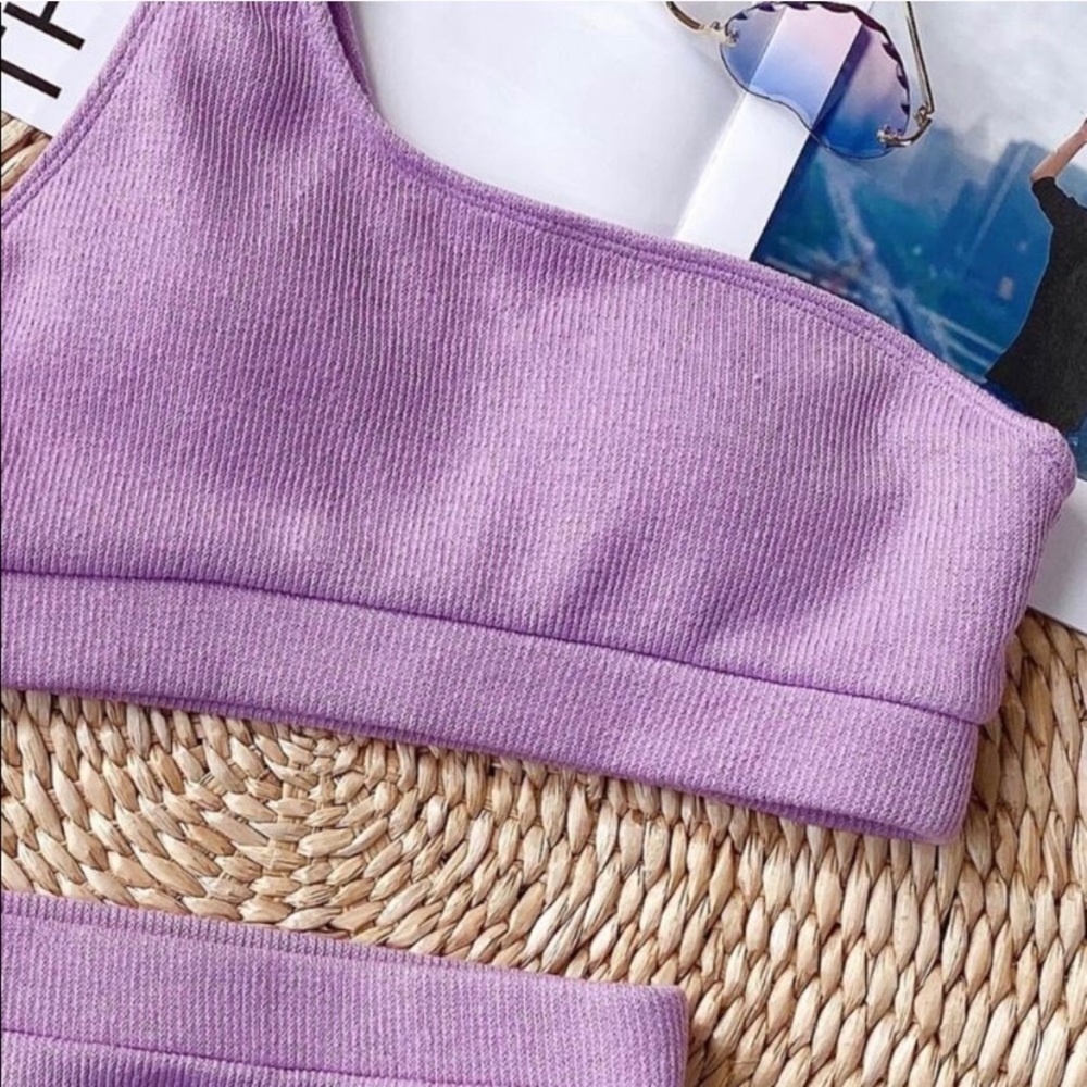 Purple Ribbed One Shoulder Bikini Set - Picture 2 of 3